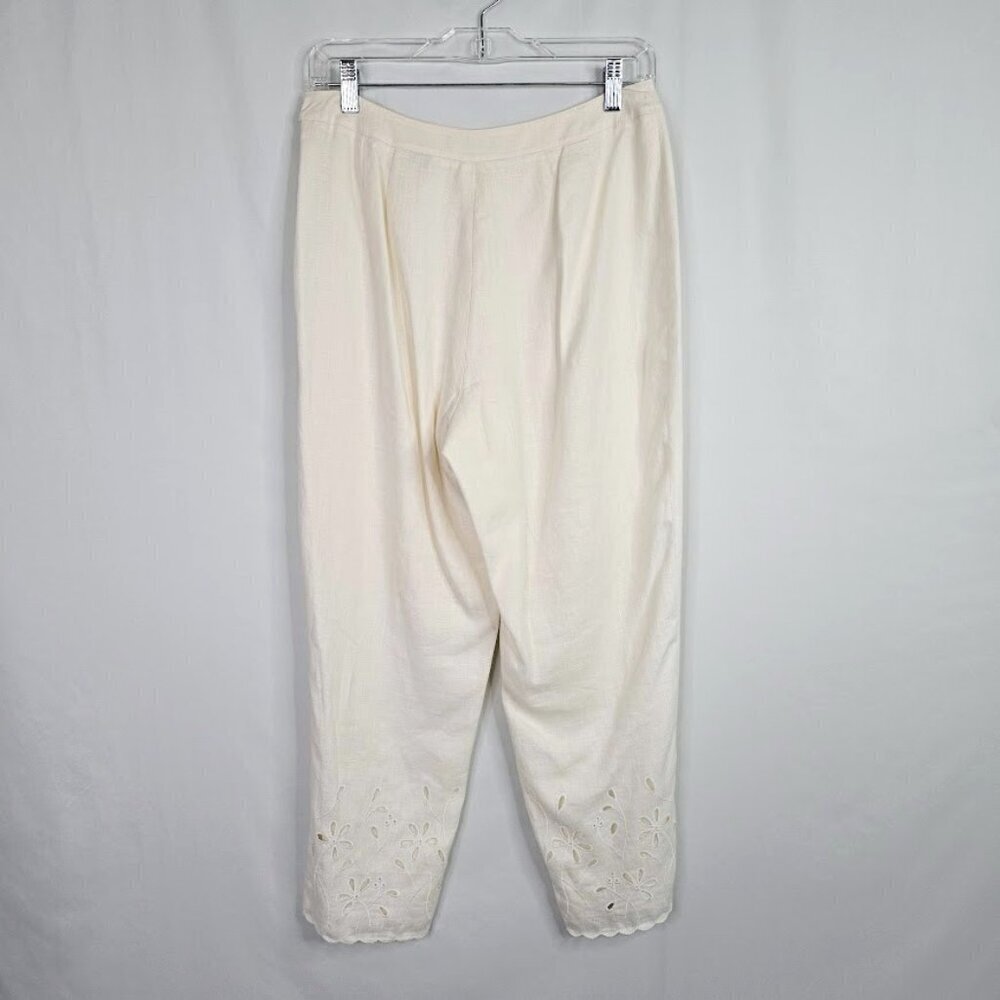 KATE HILL 100% Linen Crop Pants size 8 P OFF WHITE BEIGE Floral Cut Out Resort - Picture 7 of 7